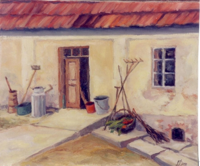 „W podwórku", olej, 45x55, Małgorzata Domańska